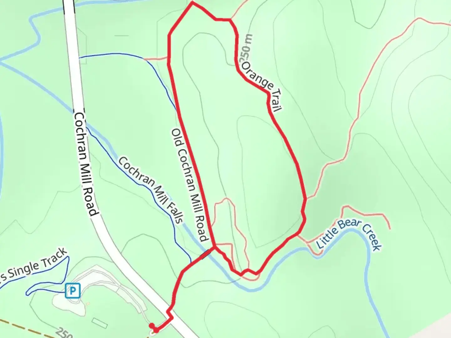 An image depicting the trail Cochran Mill Falls and Orange Loop Trail and its surrounding area.