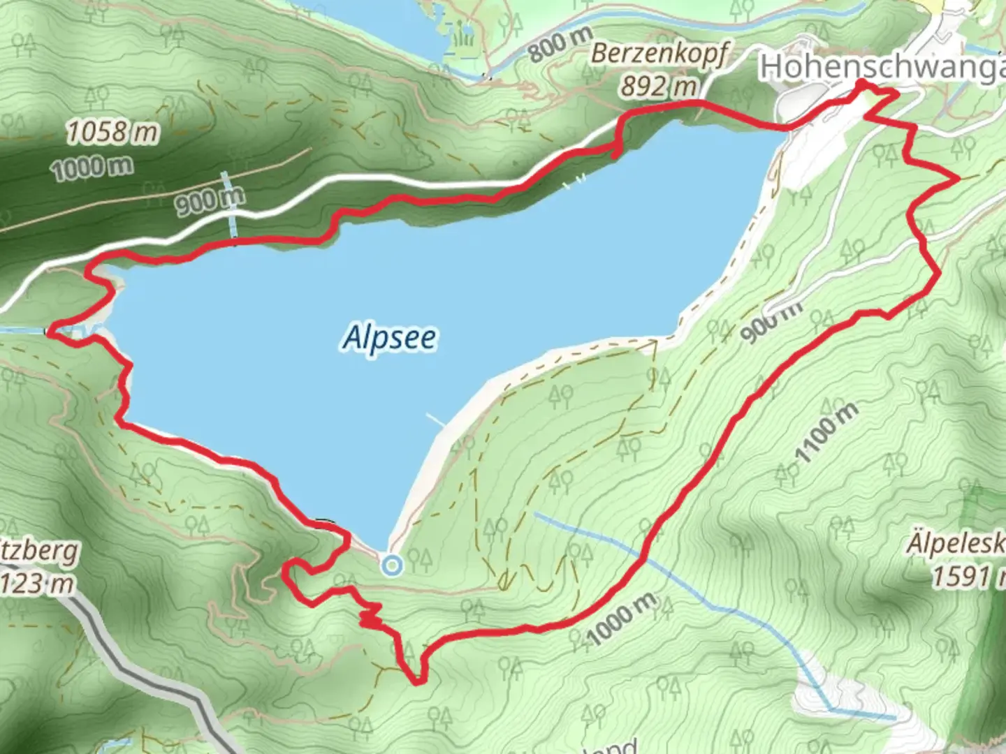 An image depicting the trail Alpsee, Pindarplatz via Alpsee Rundweg and its surrounding area.