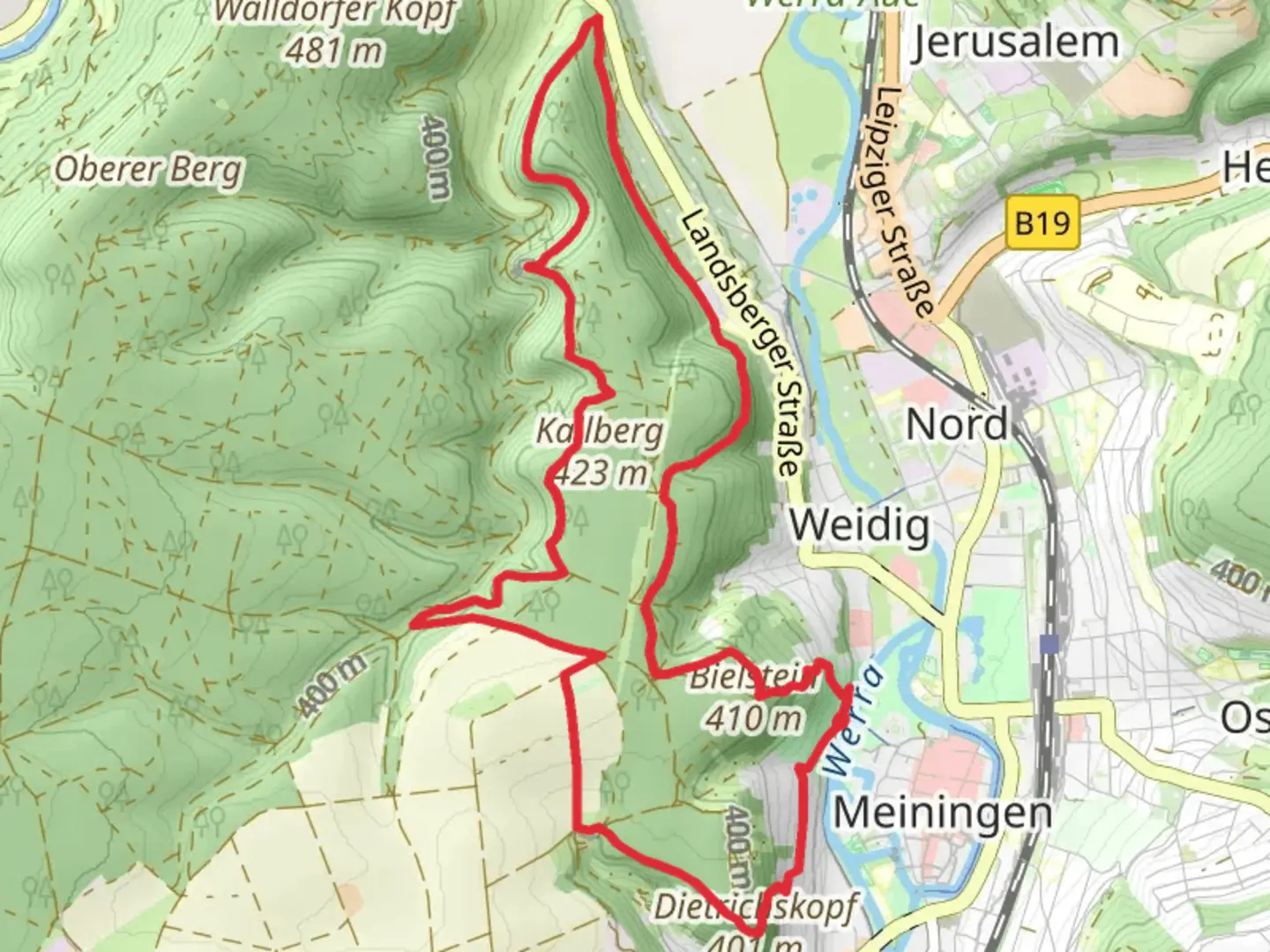 An image depicting the trail Diwzhaeuschen, Bielstein and Henriettenplatz Loop and its surrounding area.