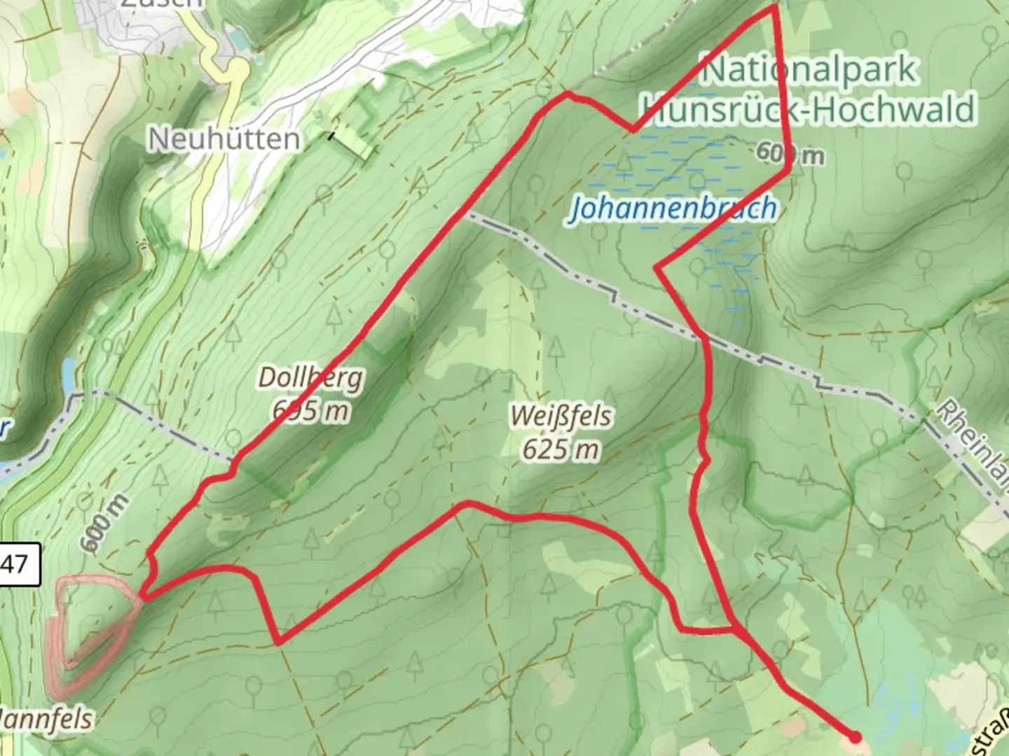 An image depicting the trail Johannenbruch and Dollberg Loop and its surrounding area.