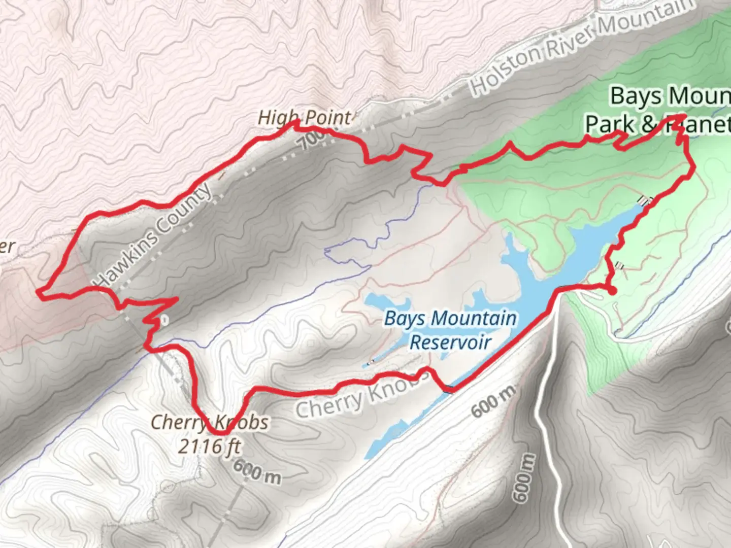An image depicting the trail Bays Mountain Reservoir and Cherry Knobs Loop Trail and its surrounding area.