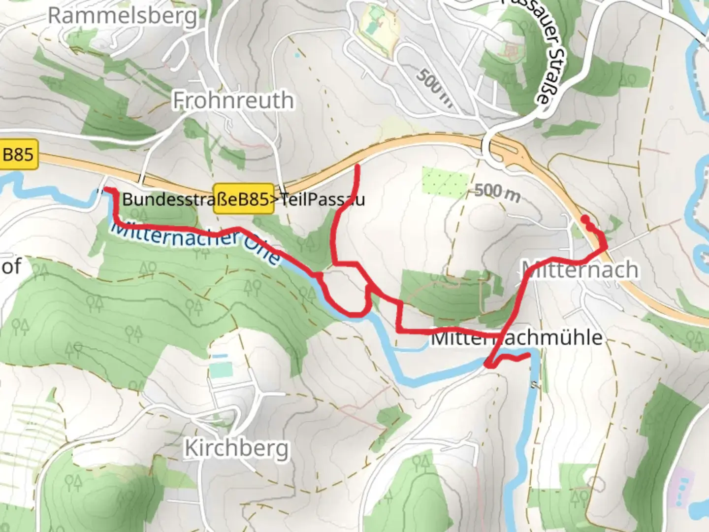 An image depicting the trail Gefühlsweg Out and Back and its surrounding area.