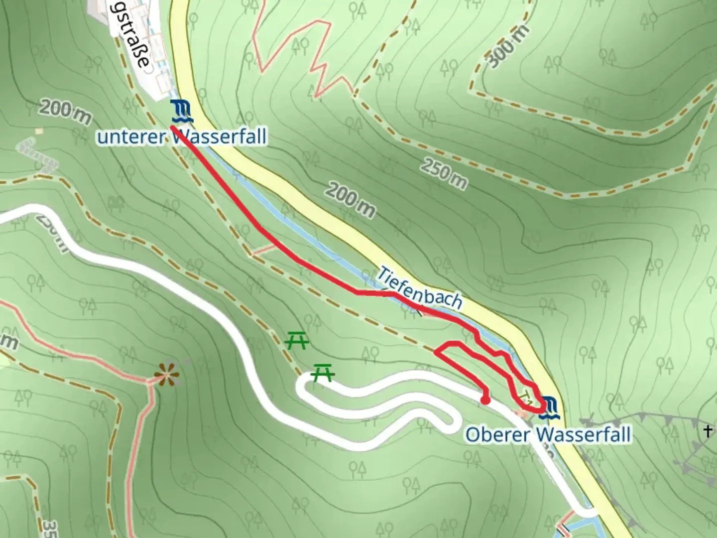 An image depicting the trail Unterer Wasserfall and its surrounding area.