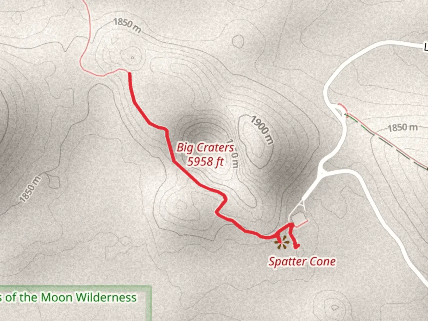 An image depicting the trail Spatter Cones, Snow Cone and North Crater Trail and its surrounding area.