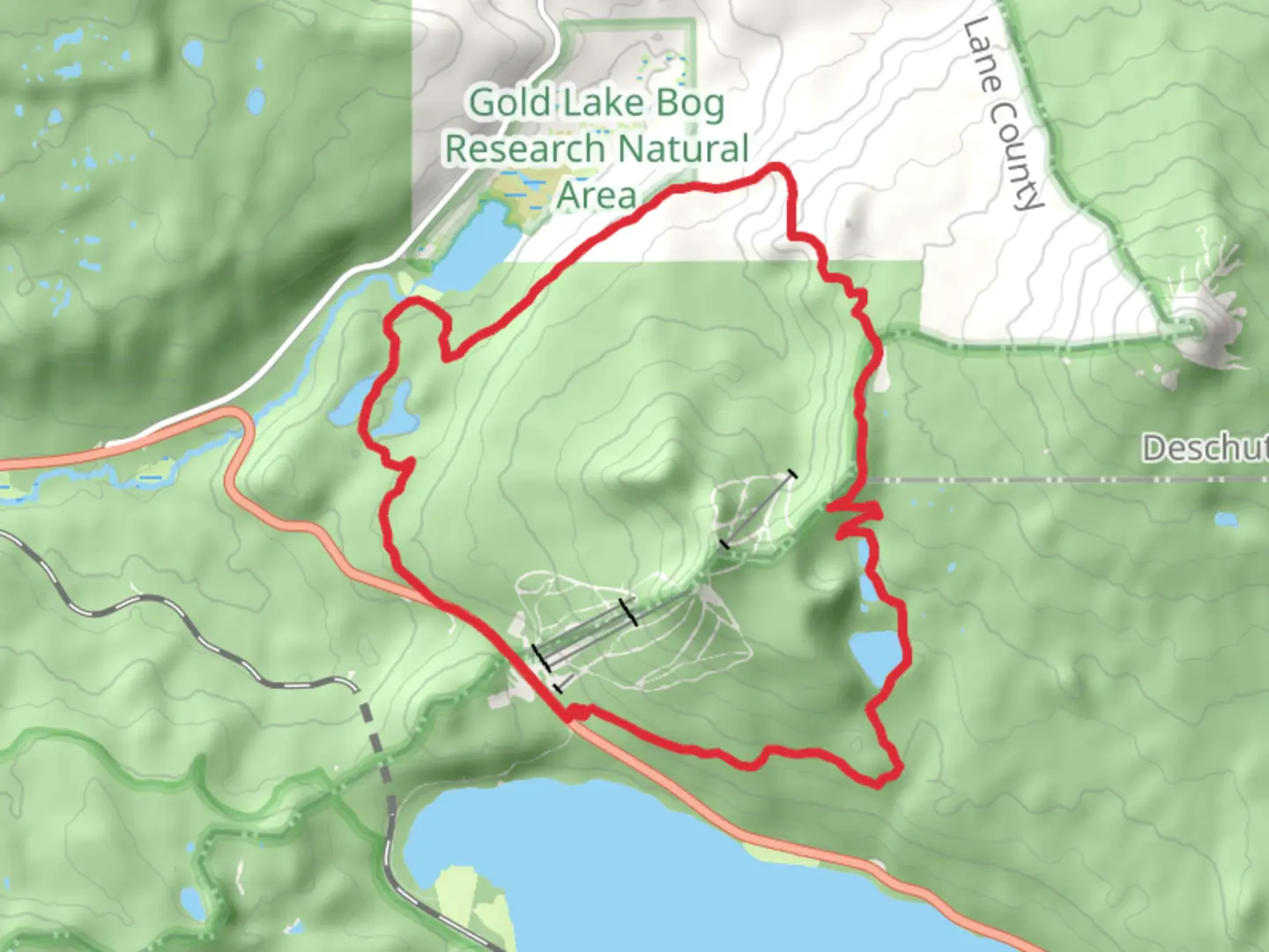 An image depicting the trail Pacific Crest, Lower and Upper Rosary Lake and Maiden Peak Loop Trail and its surrounding area.