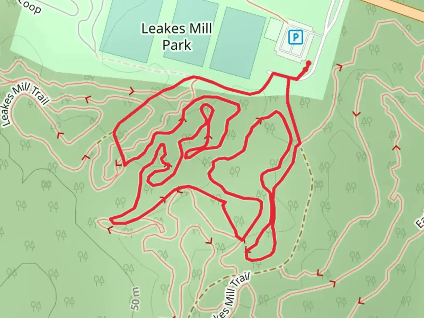 An image depicting the trail Leakes Mill Loop Trail and its surrounding area.