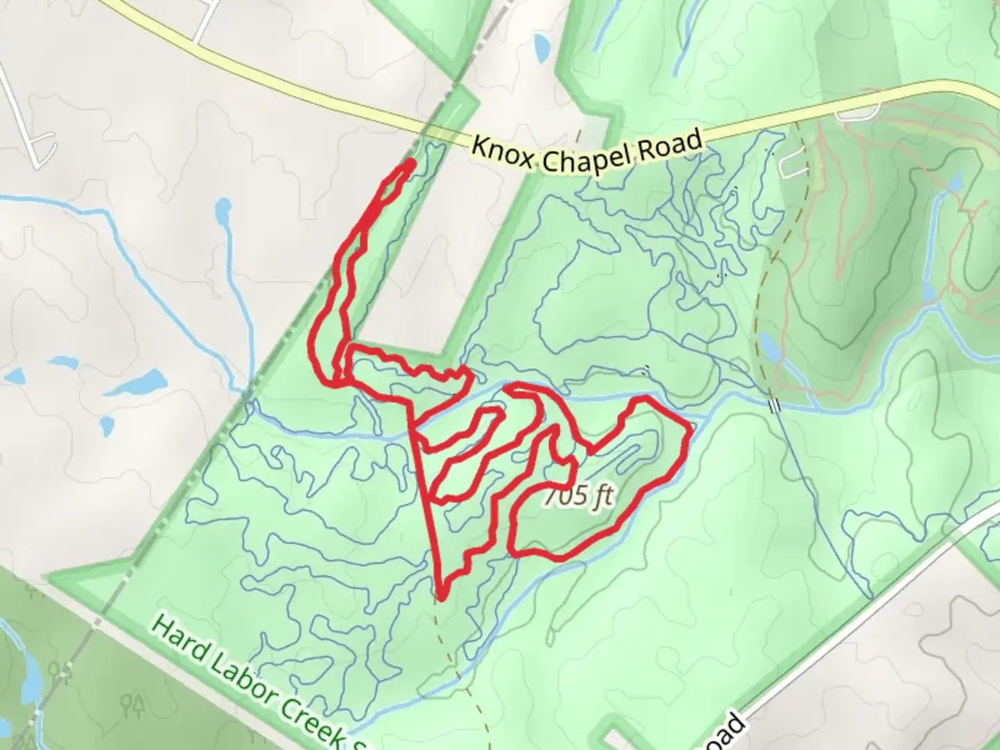 An image depicting the trail Blue Loop - Knox Chapel Road and its surrounding area.