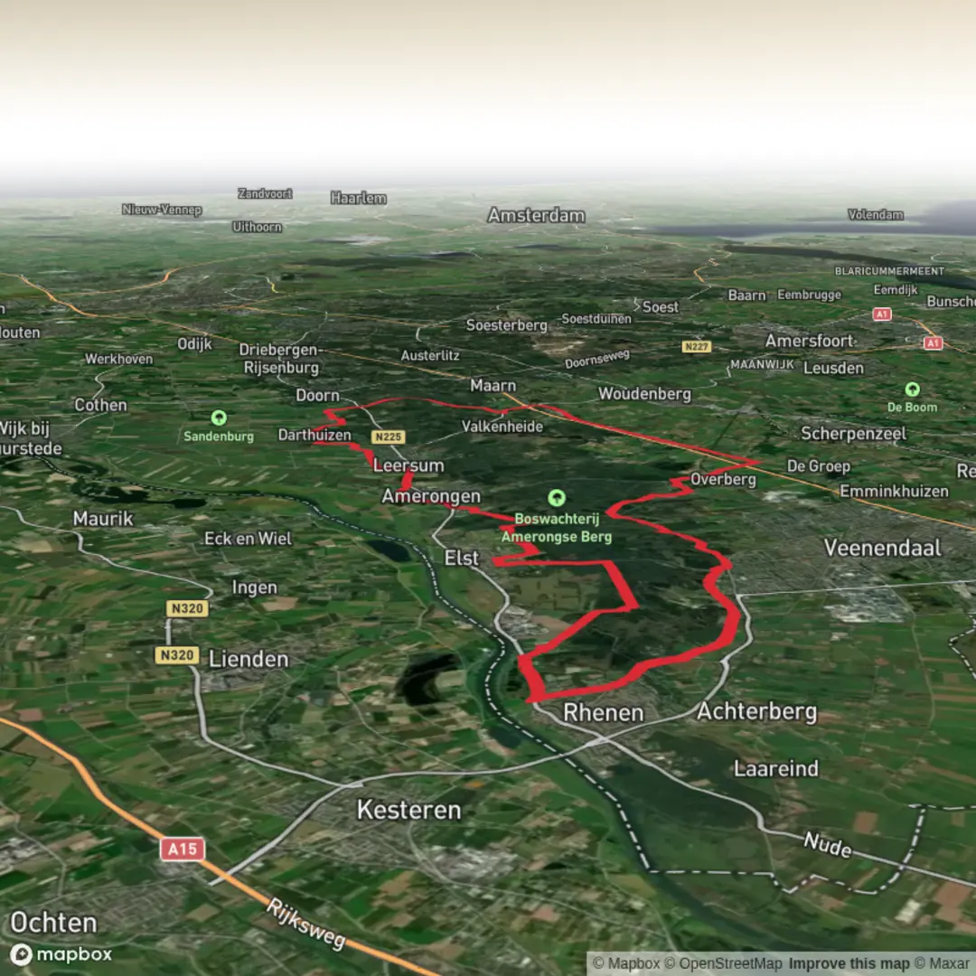 An image depicting the trail Prattenburgsche and Sandenburg via Woudenbergseweg, Bosweg and Stokweg and its surrounding area.