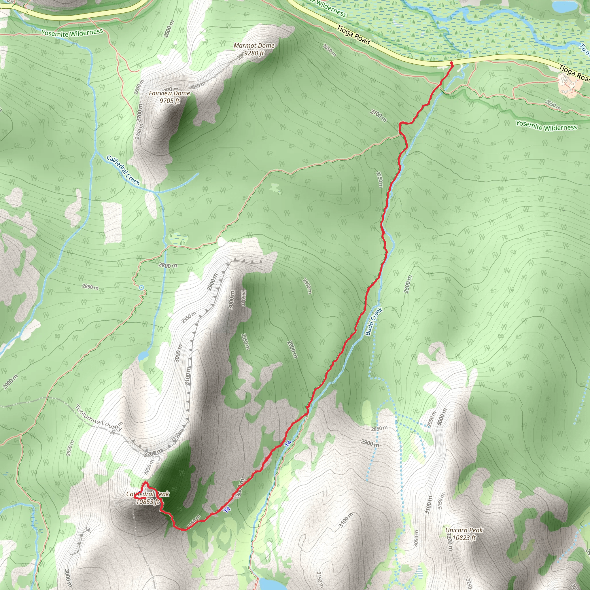 Cathedral Peak via Budd Lake Trail mobile static map