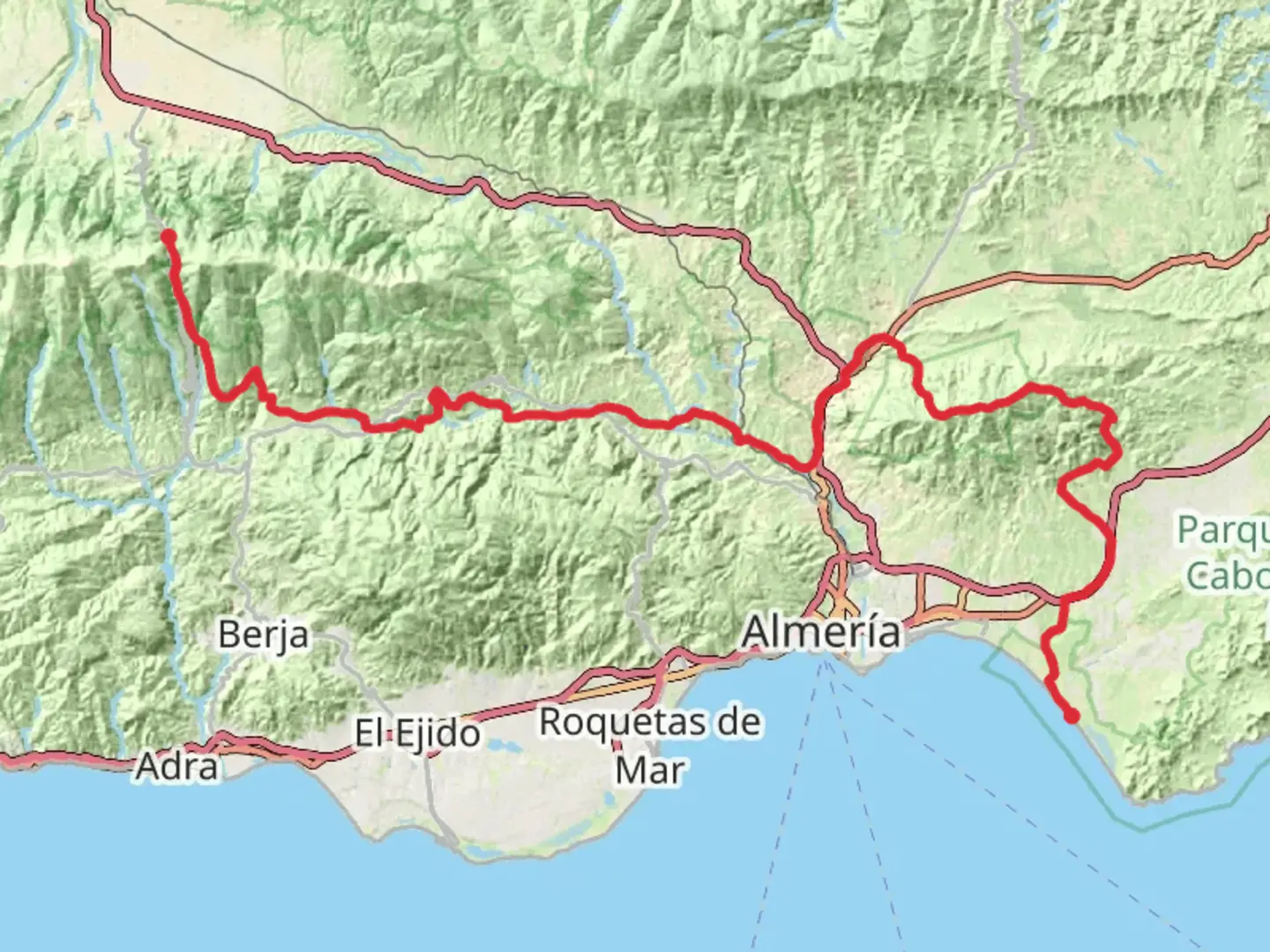 An image depicting the trail GR 140 Puerto La Ragua - Cabo de Gata and its surrounding area.