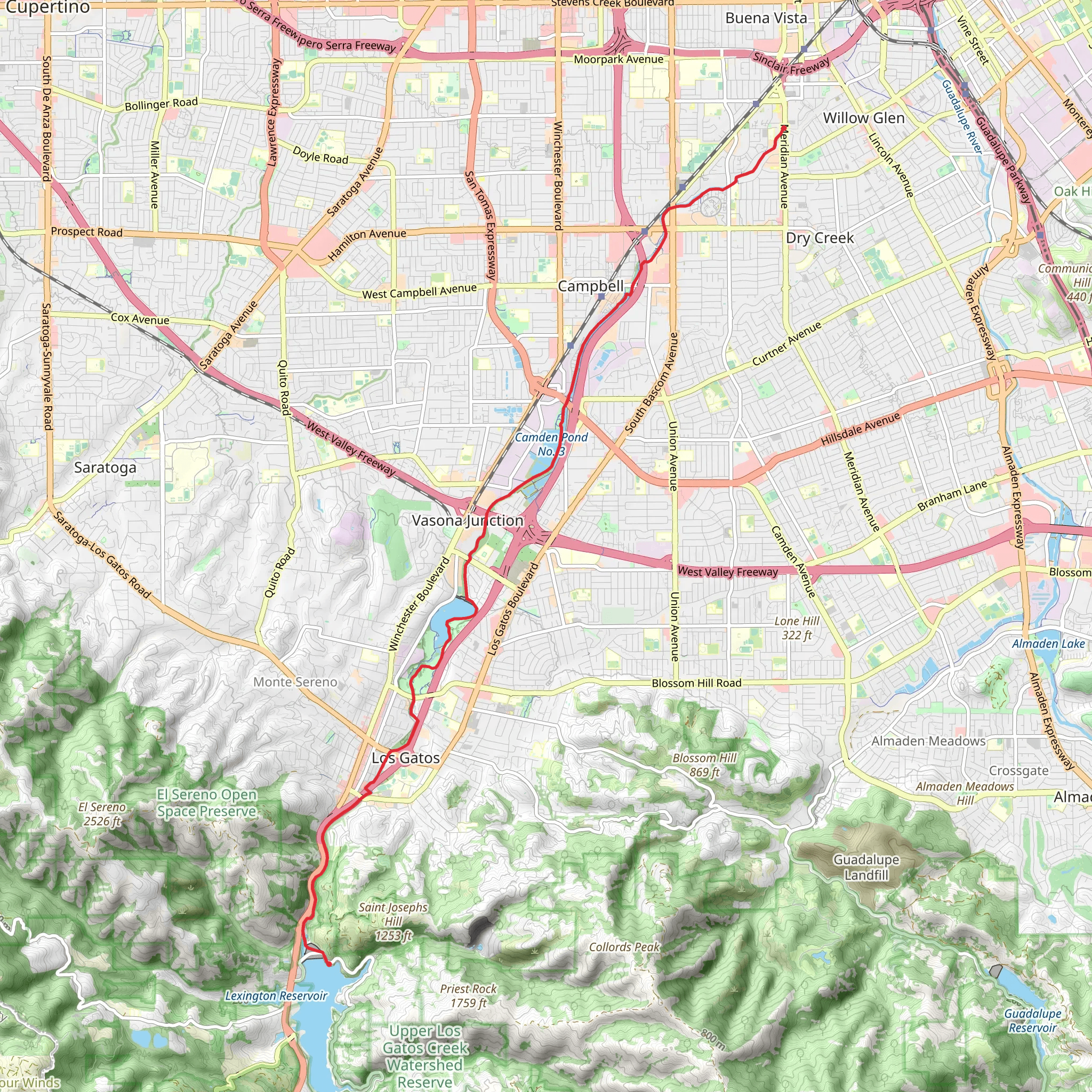 Los Gatos Creek Trail from Lexington Reservoir mobile static map
