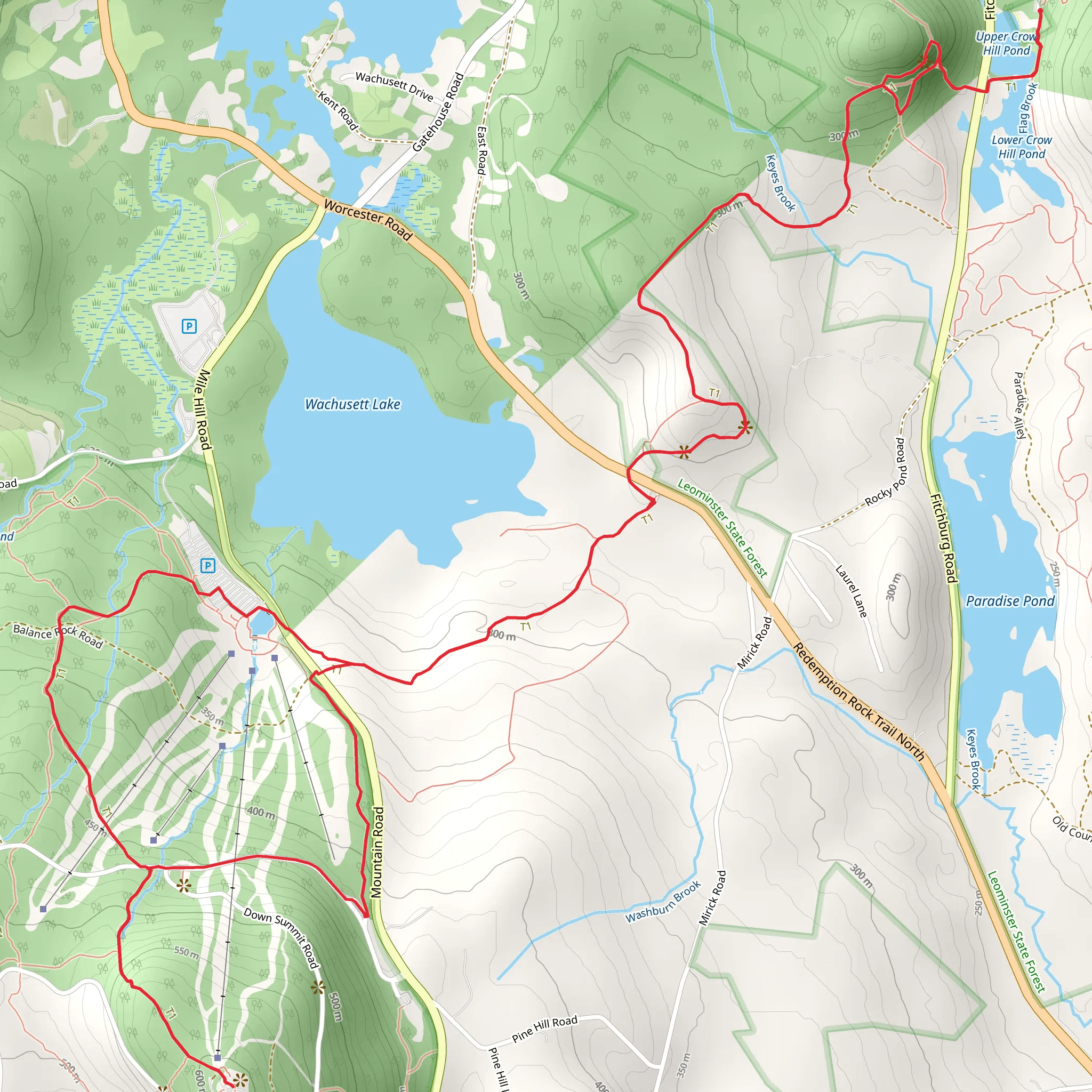 Balance Rock Trail and Mount Wachusett Lake Loop via Upper Crow Hill Pond mobile static map