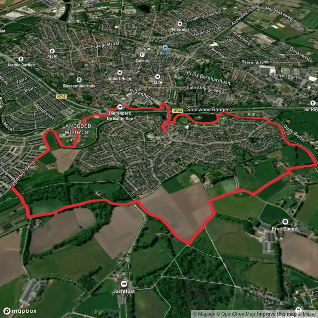 An image depicting the trail Weideplas via Rondje Borne and its surrounding area.