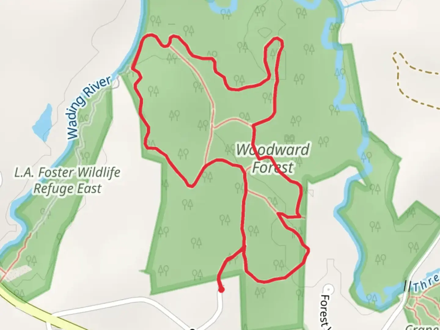 An image depicting the trail Wading River - Woodward Forest Loop and its surrounding area.