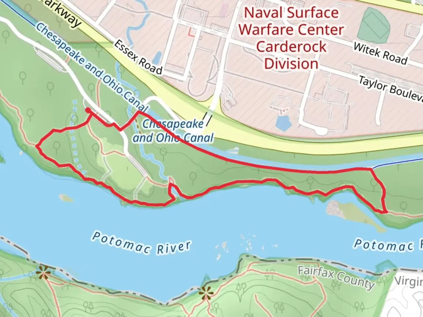 An image depicting the trail Potomac River - Chesapeake and Ohio Canal Loop and its surrounding area.