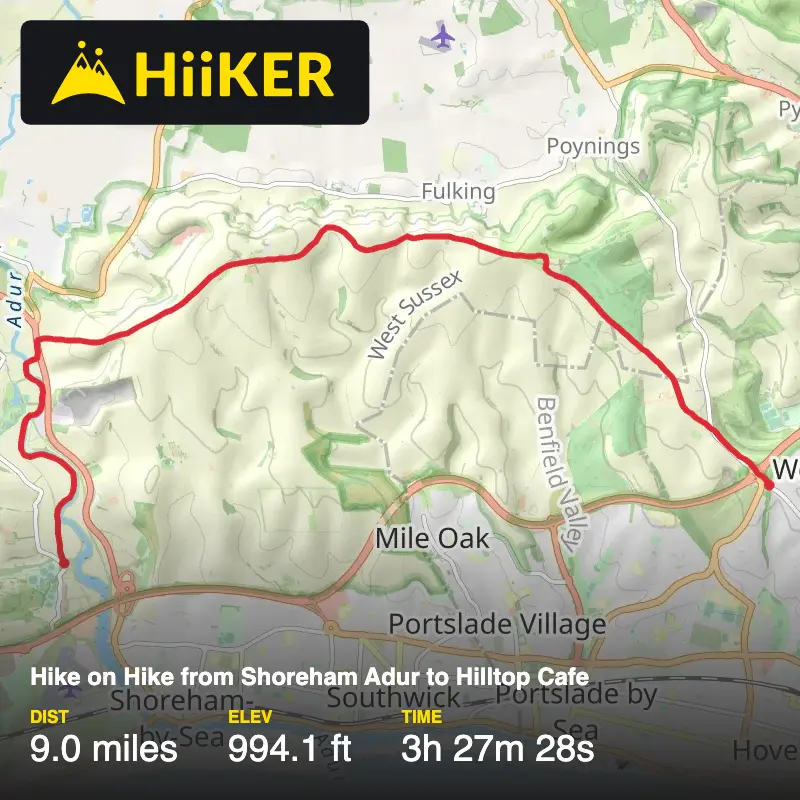 A map preview of the recording Hike on Hike from Shoreham Adur to Hilltop Cafe.