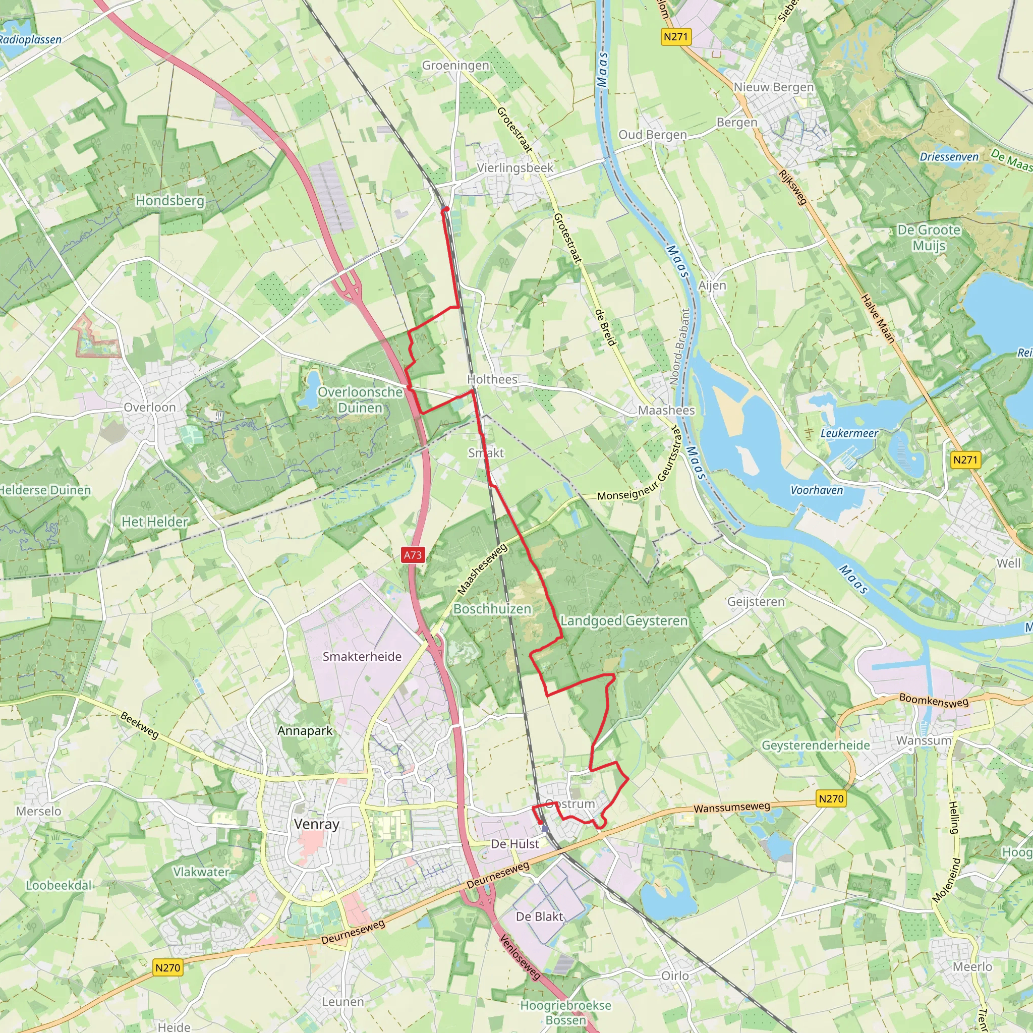 Oostrum to Vierlingsbeek via Boschhuizerbergen mobile static map