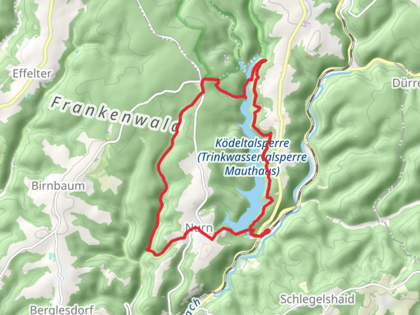 An image depicting the trail Kodeltalsperrre Loop via Nurn and its surrounding area.