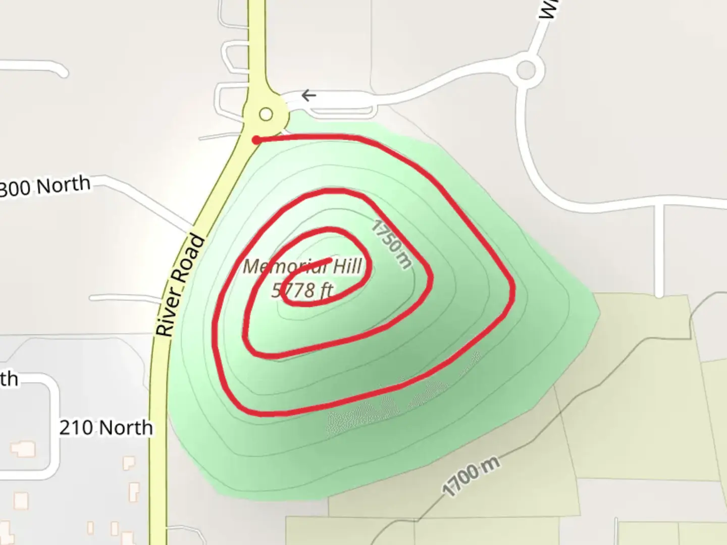 An image depicting the trail Memorial Hill Out and Back and its surrounding area.