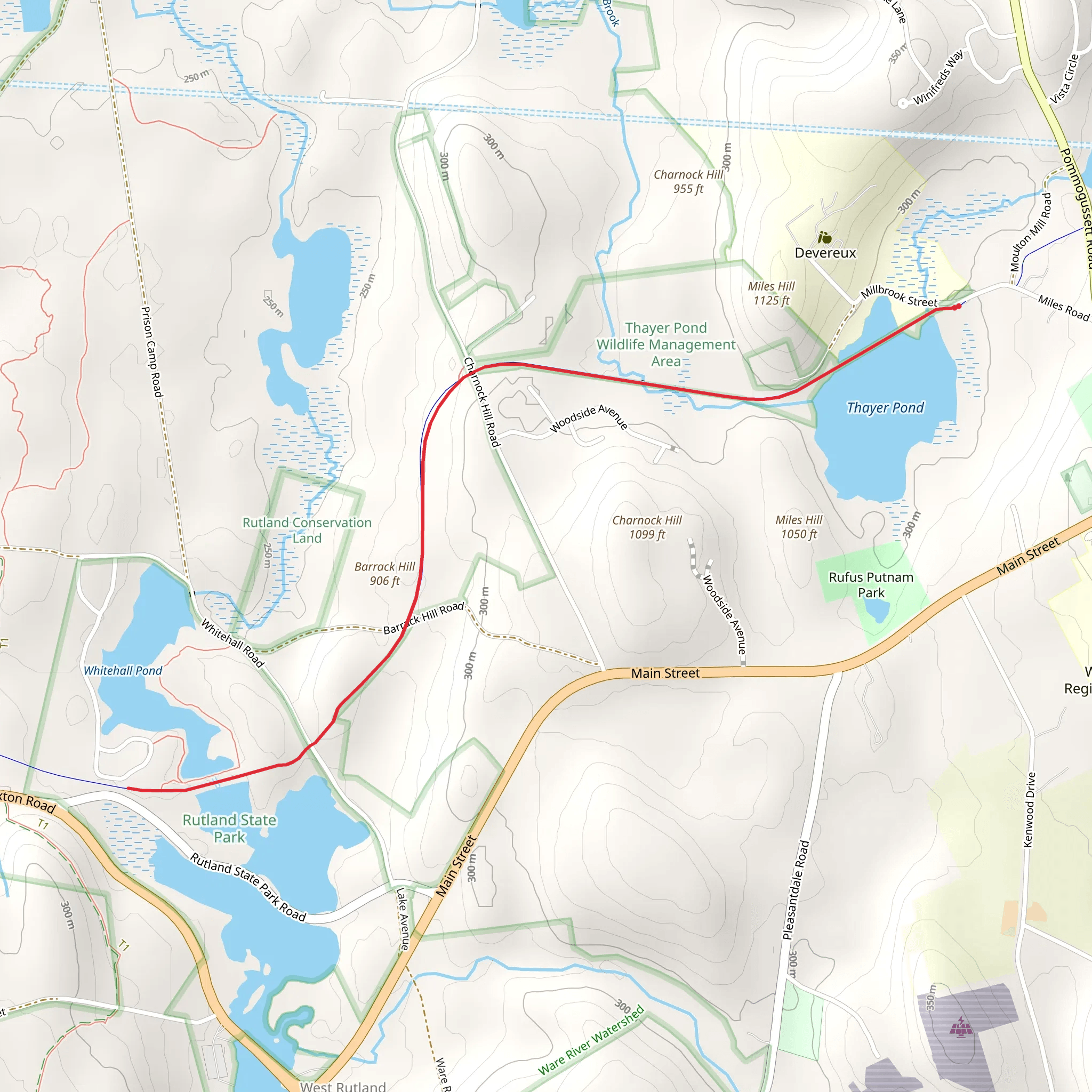 Thayer Pond to Whitehall Pond and Barrack Hill mobile static map