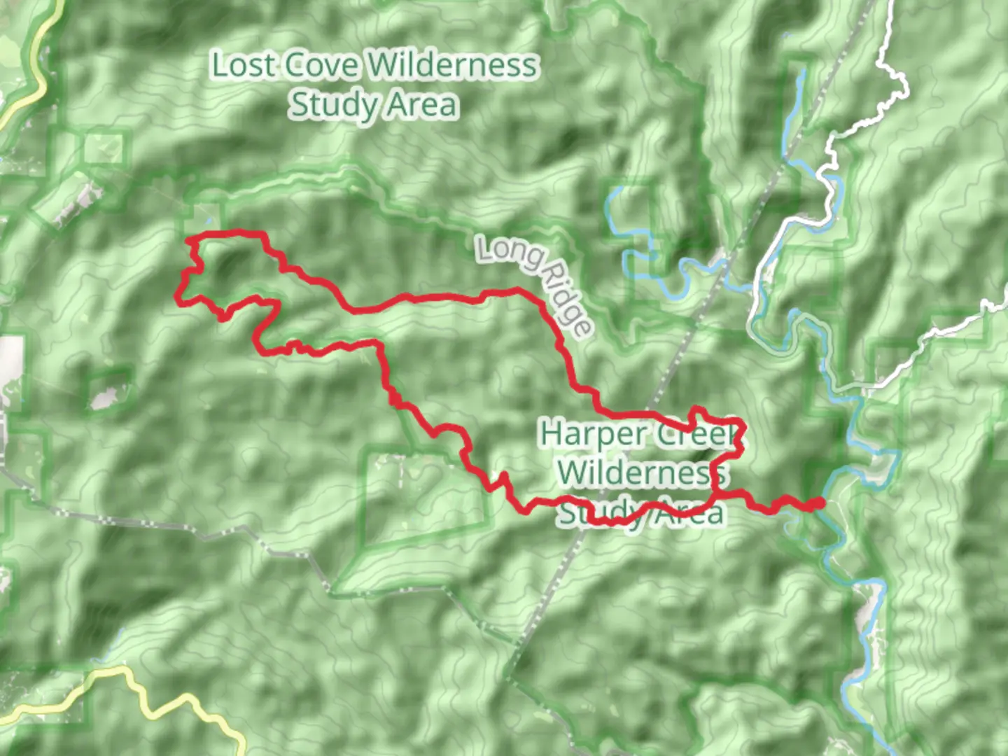 An image depicting the trail Harper Creek and Chestnut Cove Branch Loop and its surrounding area.
