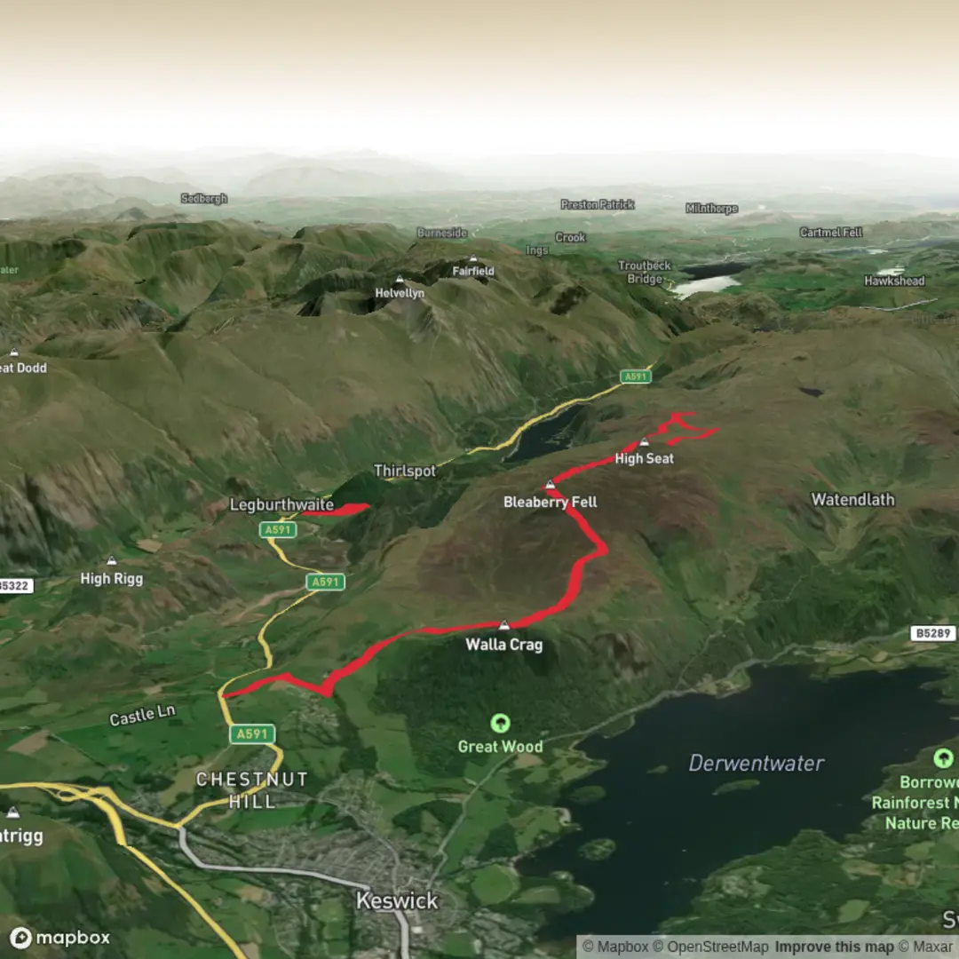 An image depicting the trail Walla Crag Horseshoe and its surrounding area.