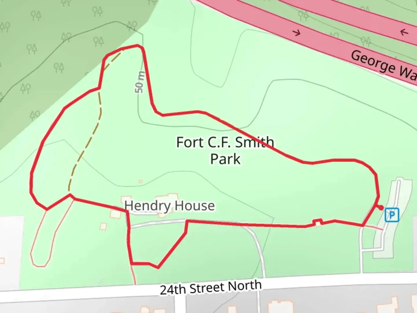 An image depicting the trail Fort C F Smith Park Loop and its surrounding area.