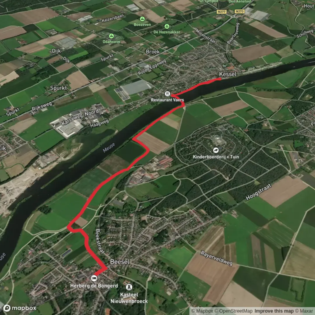 An image depicting the trail Beesel to Kessel via Huilbeek and Maas and its surrounding area.