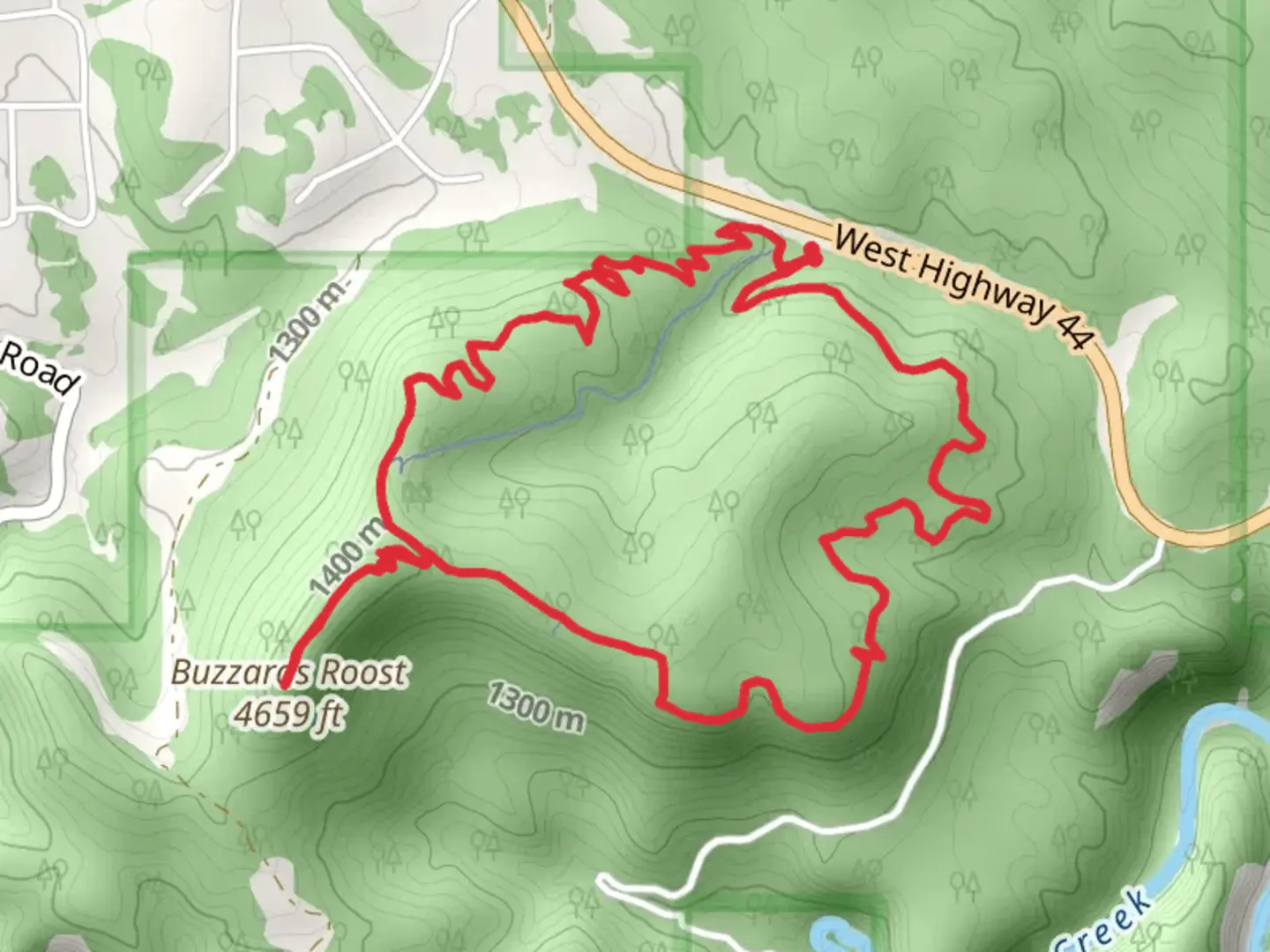 An image depicting the trail Buzzards Loop and Upper Connector and its surrounding area.
