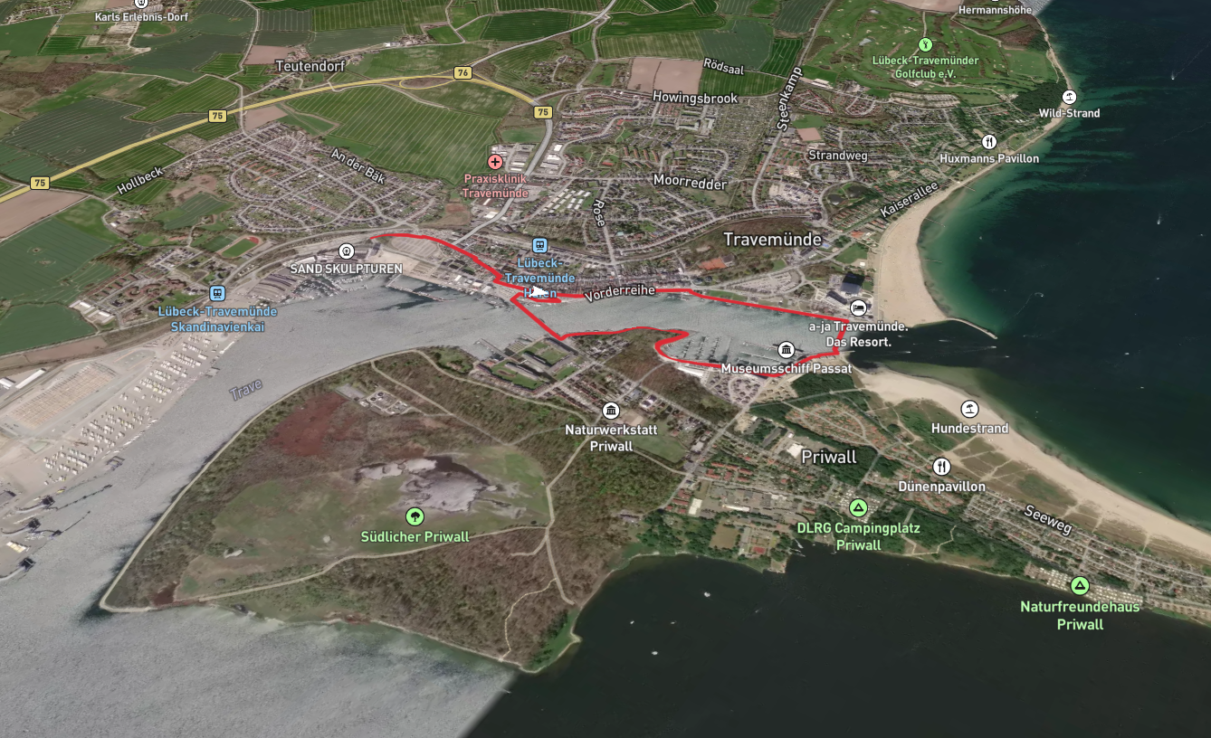 Trave via Priwallpromenade and Am Priwallhafen
