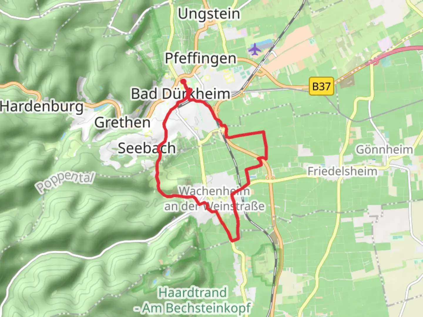 An image depicting the trail Rückhaltebecken am Osthof via Wachenheim RW 11 and 15 and its surrounding area.