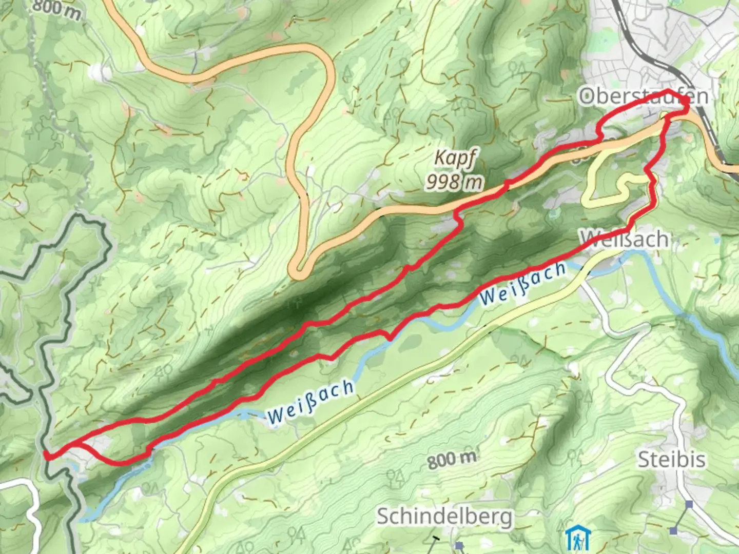 An image depicting the trail Oberstaufen and Eibele Wasserfälle Loop via Weißachtalrunde and its surrounding area.