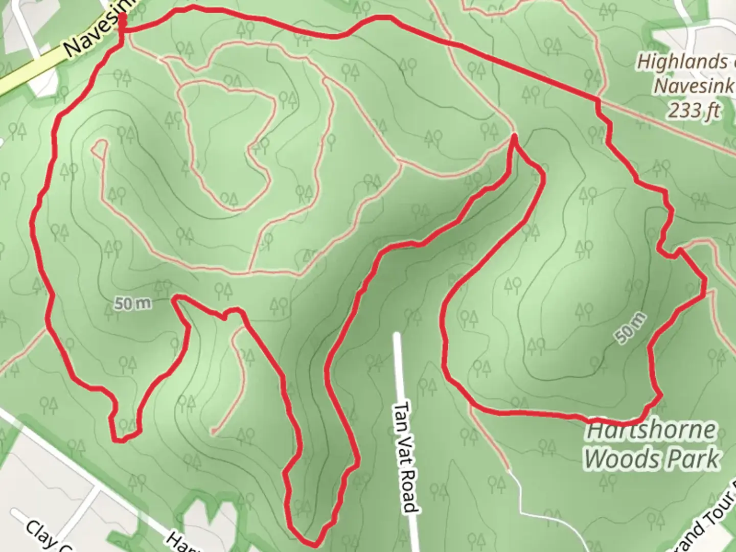 An image depicting the trail Hartshorne Woods Park Loop and its surrounding area.