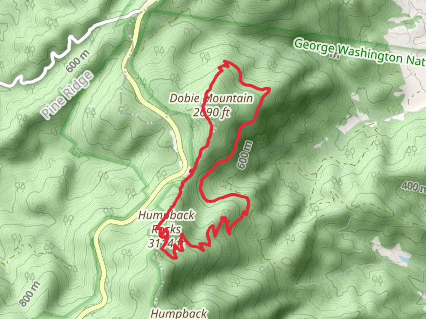 An image depicting the trail Humpback Rocks and Dobia Mountain via Jack Albright and Appalachian Trail and its surrounding area.