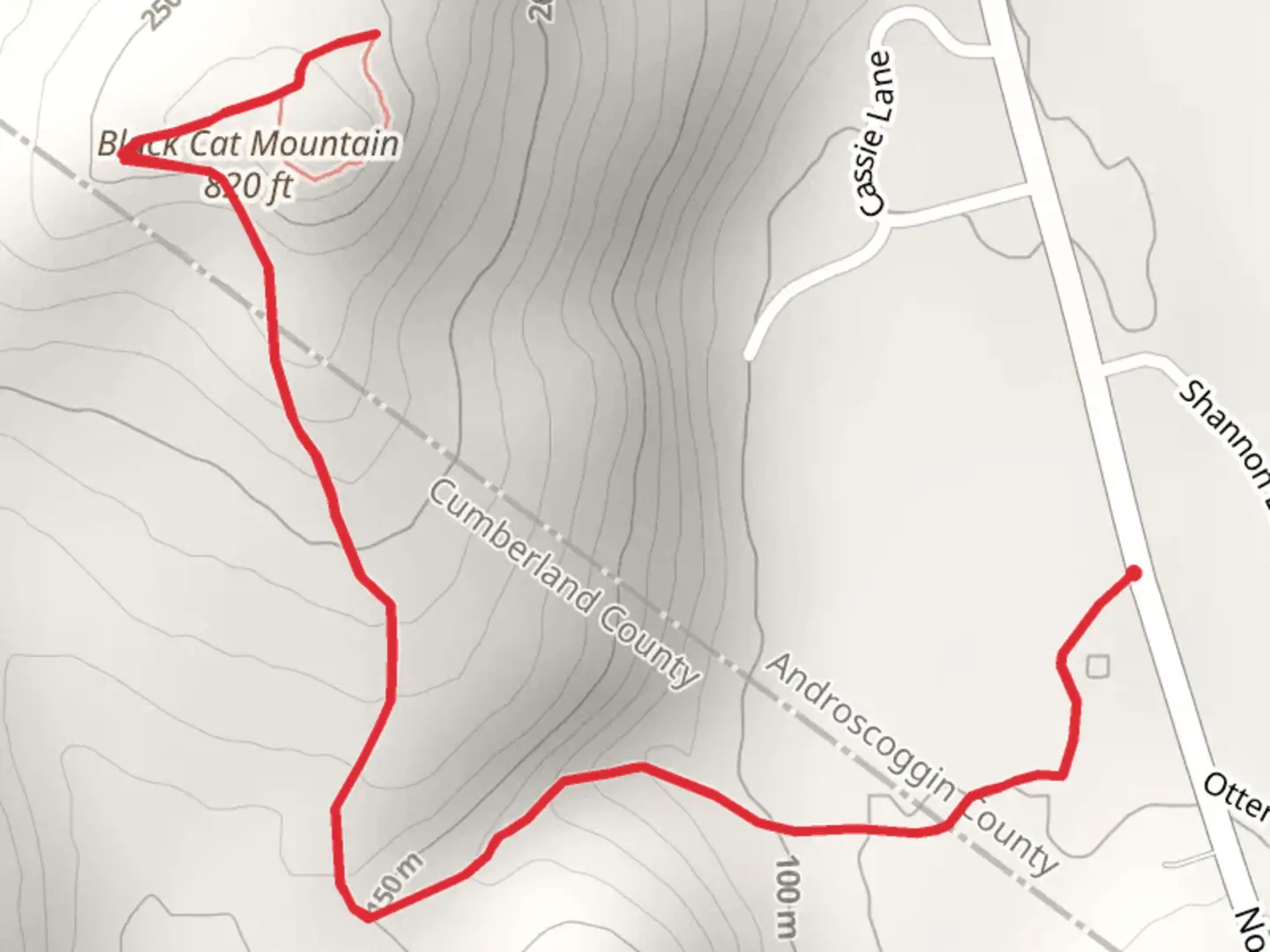 An image depicting the trail Black Cat Mountain Trail from North Raymond Road and its surrounding area.
