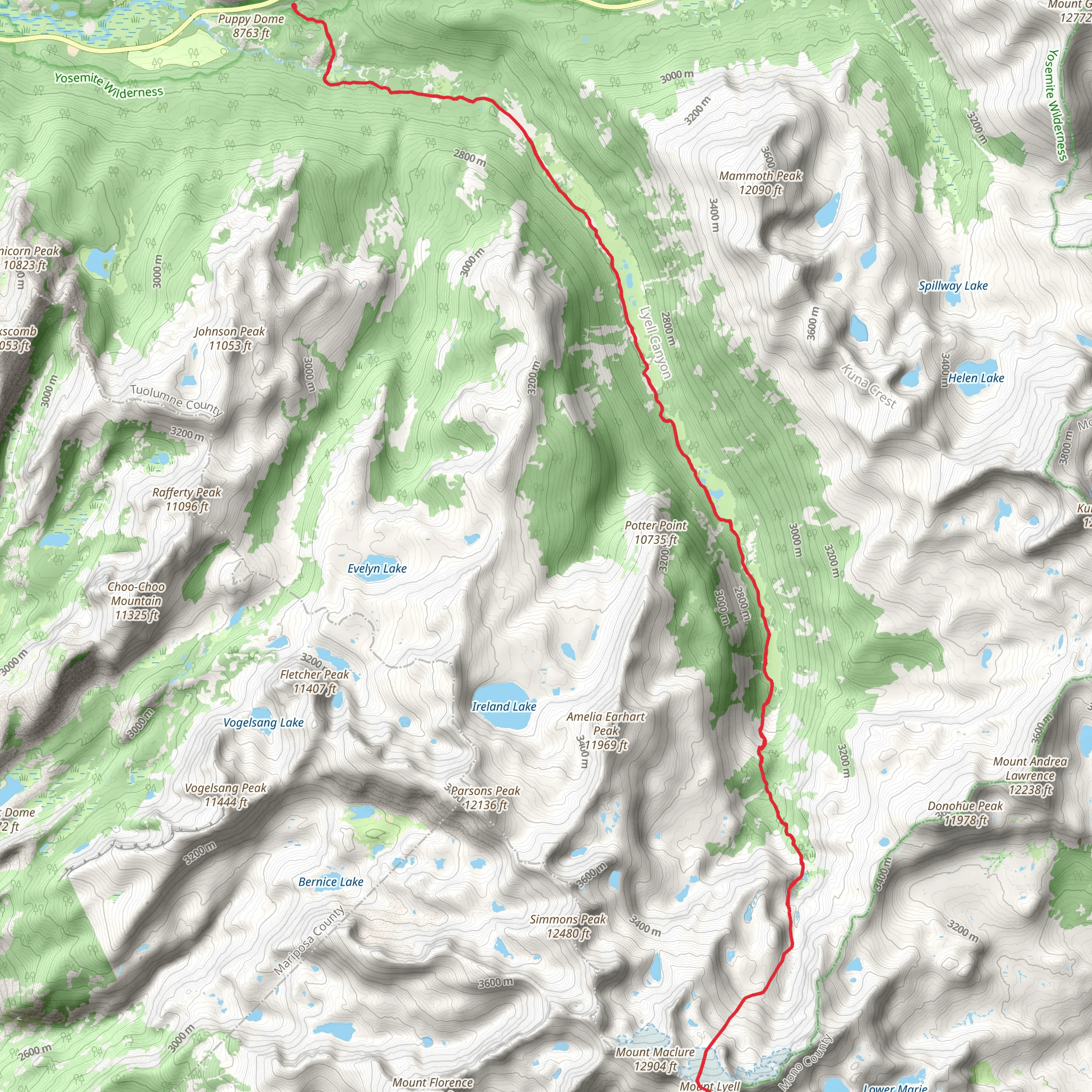 Mount Lyell via Pacific Crest Trail mobile static map