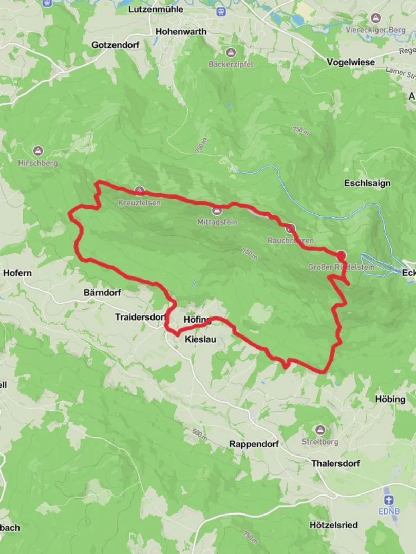 An image depicting the trail Hofing, Kleiner Riedelstein, Mittagstein and Plattenstein Loop and its surrounding area.