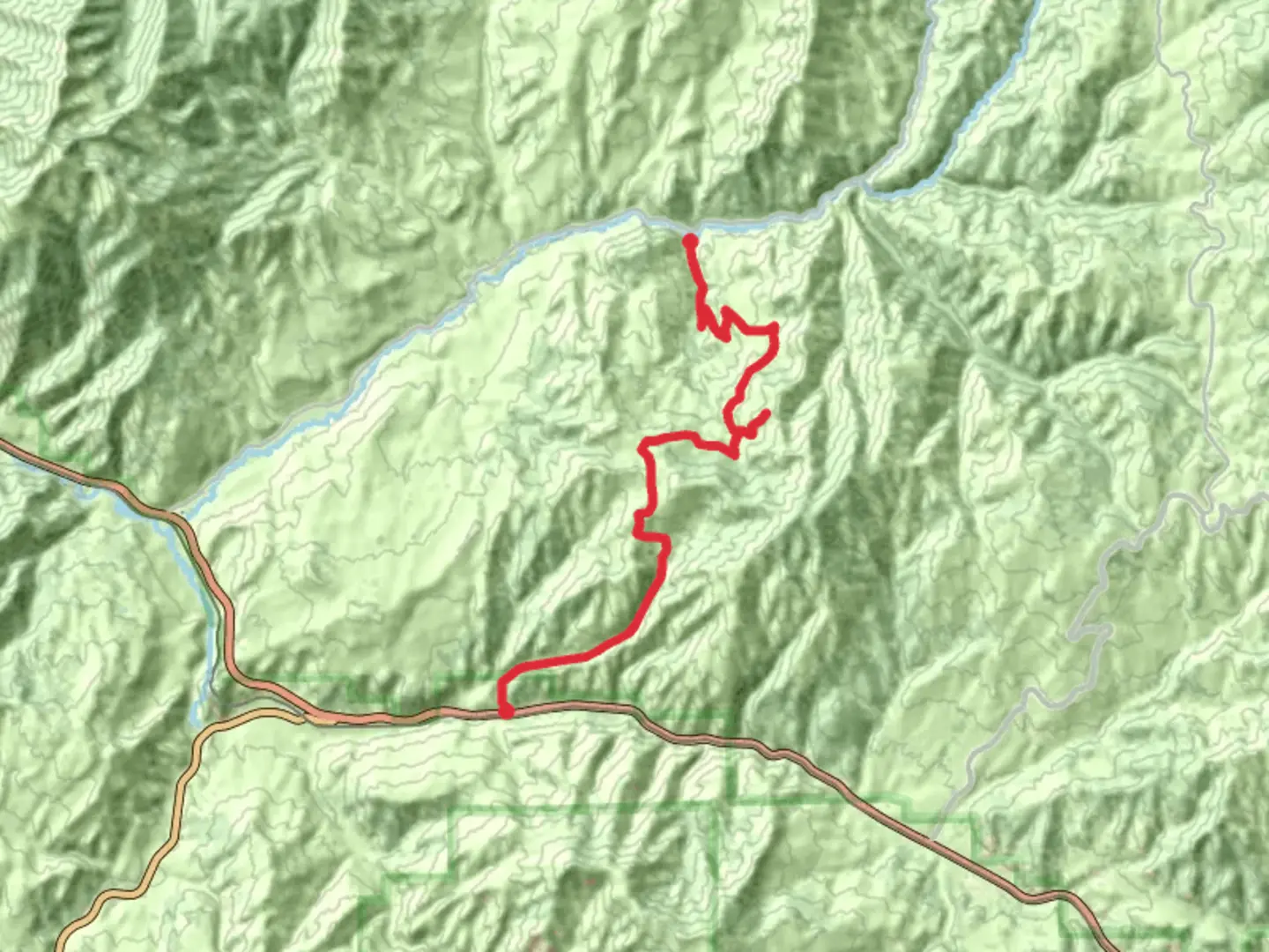 An image depicting the trail Monk's Hollow Trail and Long Hollow Road and its surrounding area.