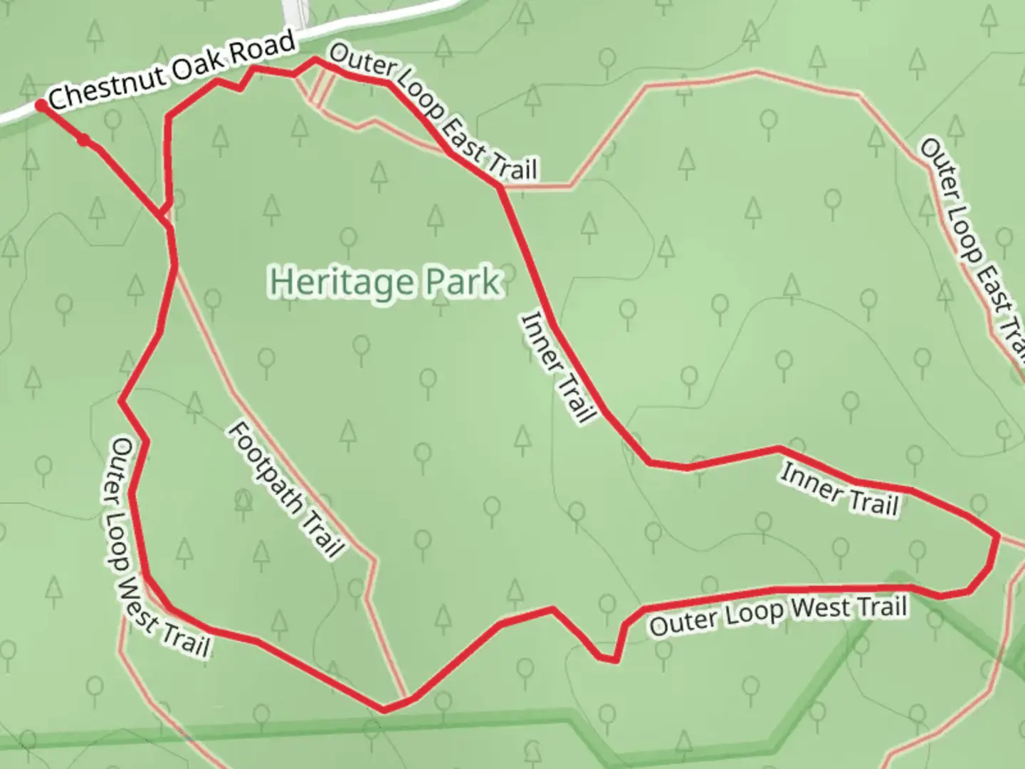 An image depicting the trail Outer Loop West and Inner Loop Trail and its surrounding area.