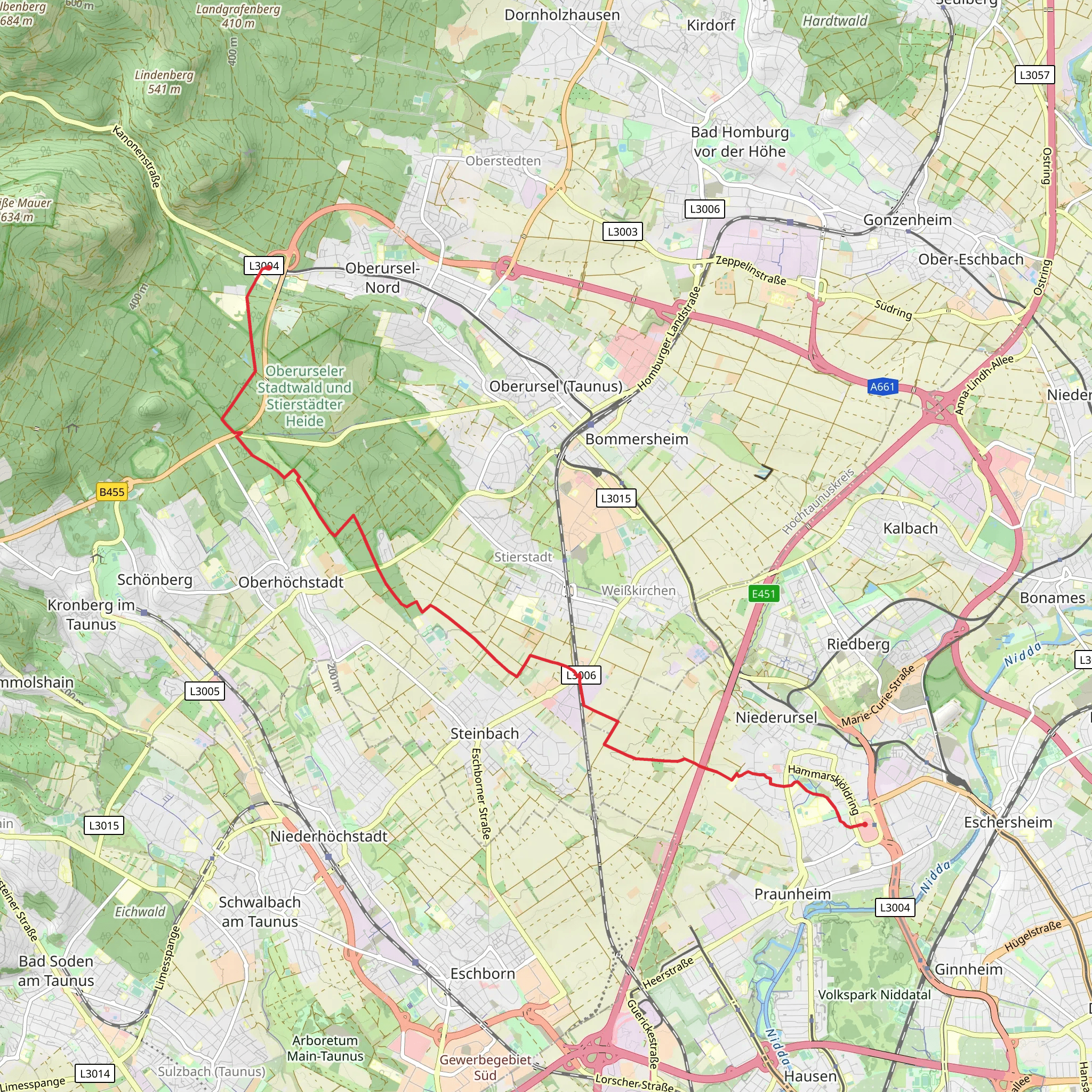 Nordwestzentrum to Hohemark via Taunusklub Route and Elisabethpfad mobile static map