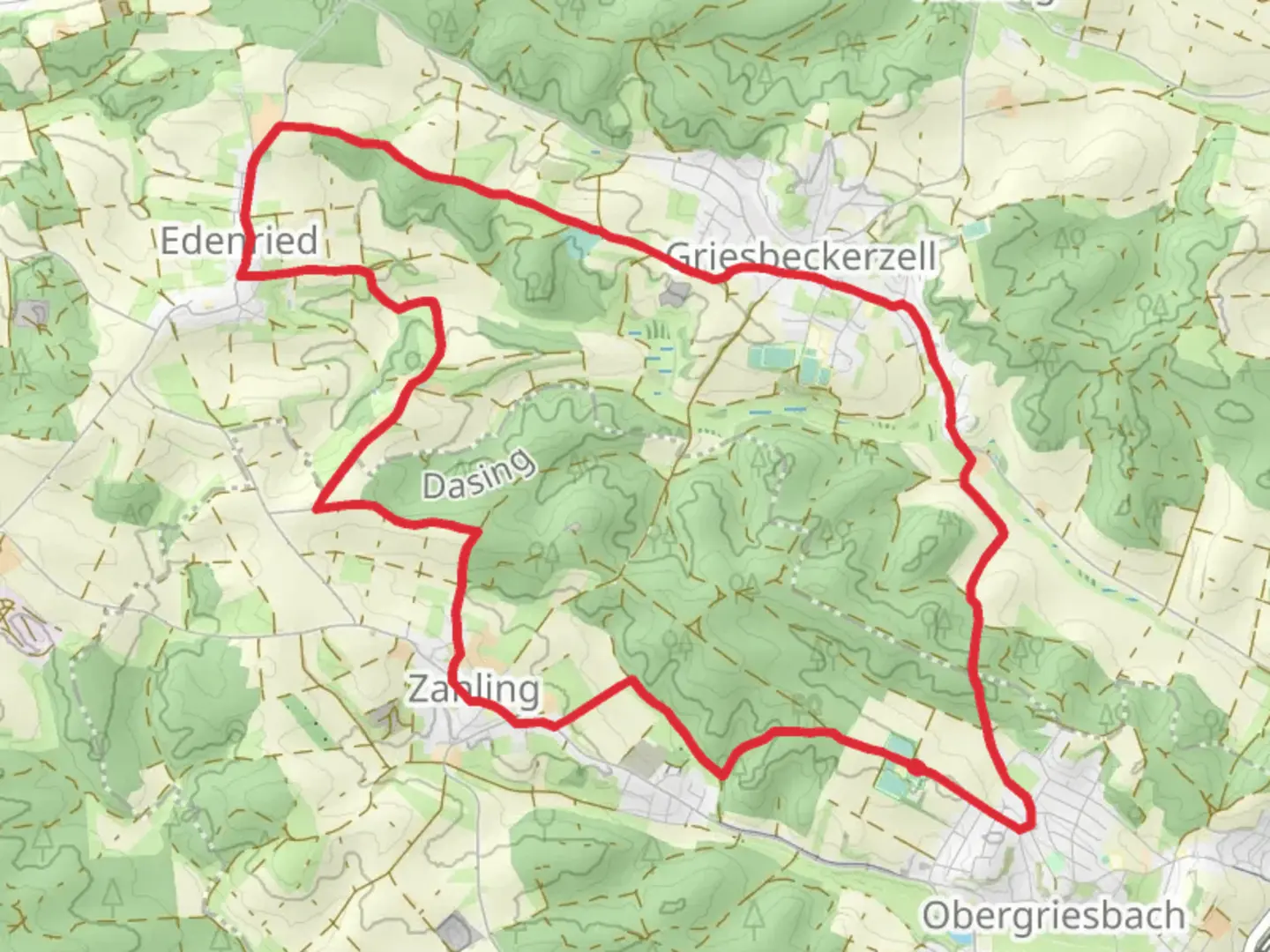An image depicting the trail Im Herzen des Wittelsbacher Landes and its surrounding area.