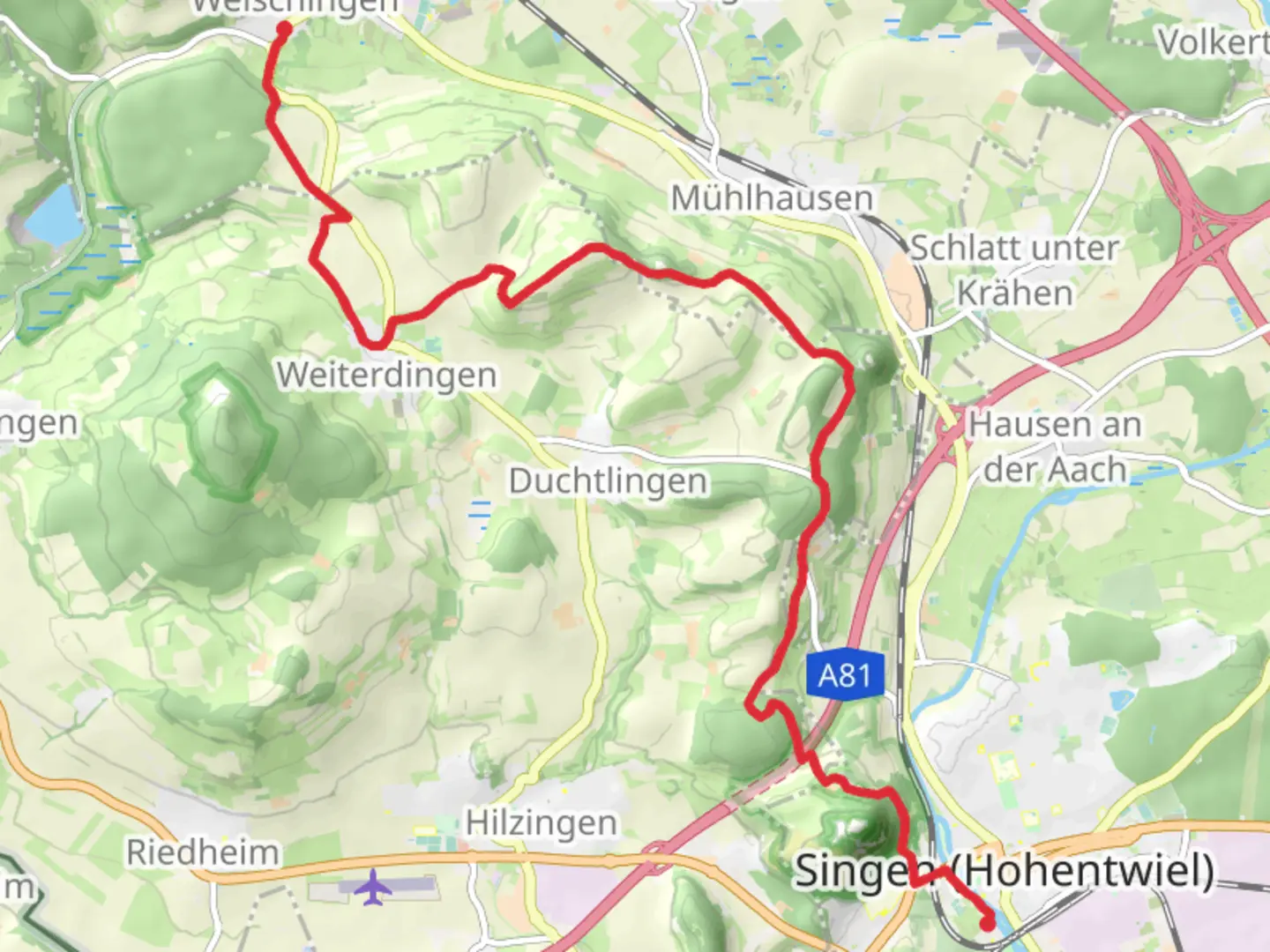 An image depicting the trail Singen to Welschingen Walk and its surrounding area.