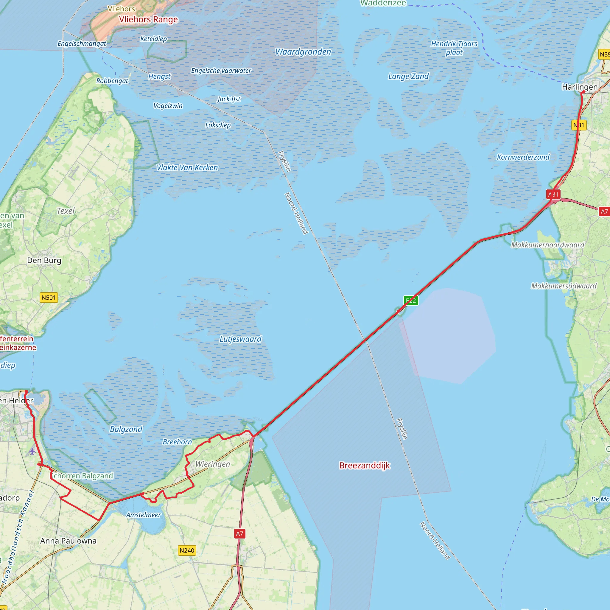 Harlingen to Den Helder via Afsluitdijk and Karel Doormanweg mobile static map