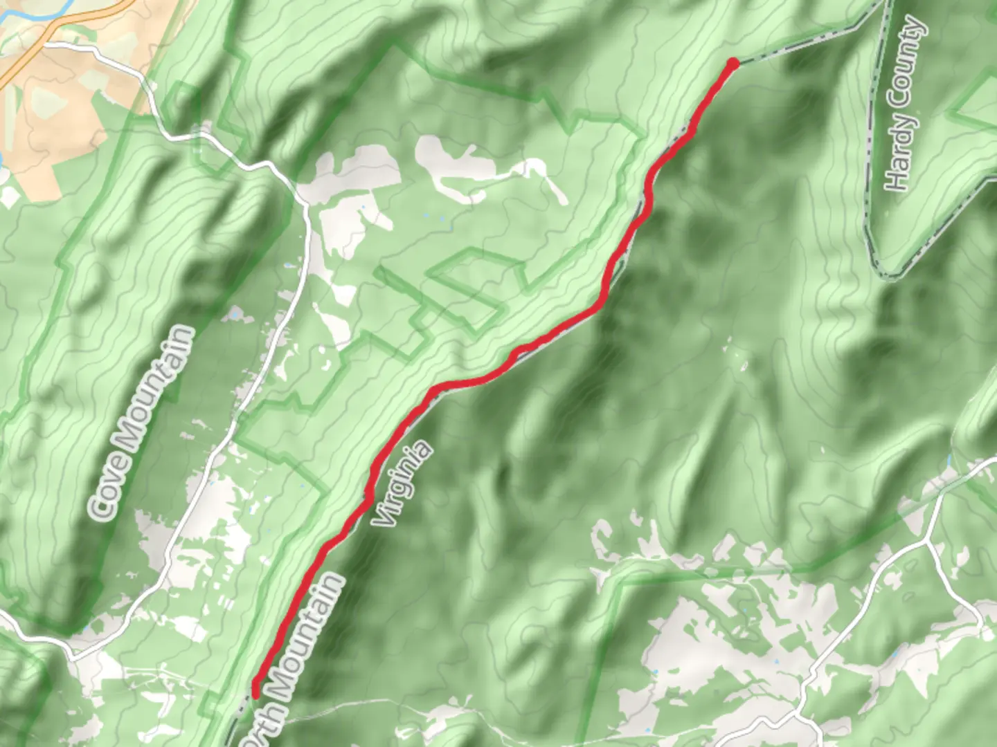 An image depicting the trail North Mountain Trail from Lower Cove Run Road and its surrounding area.