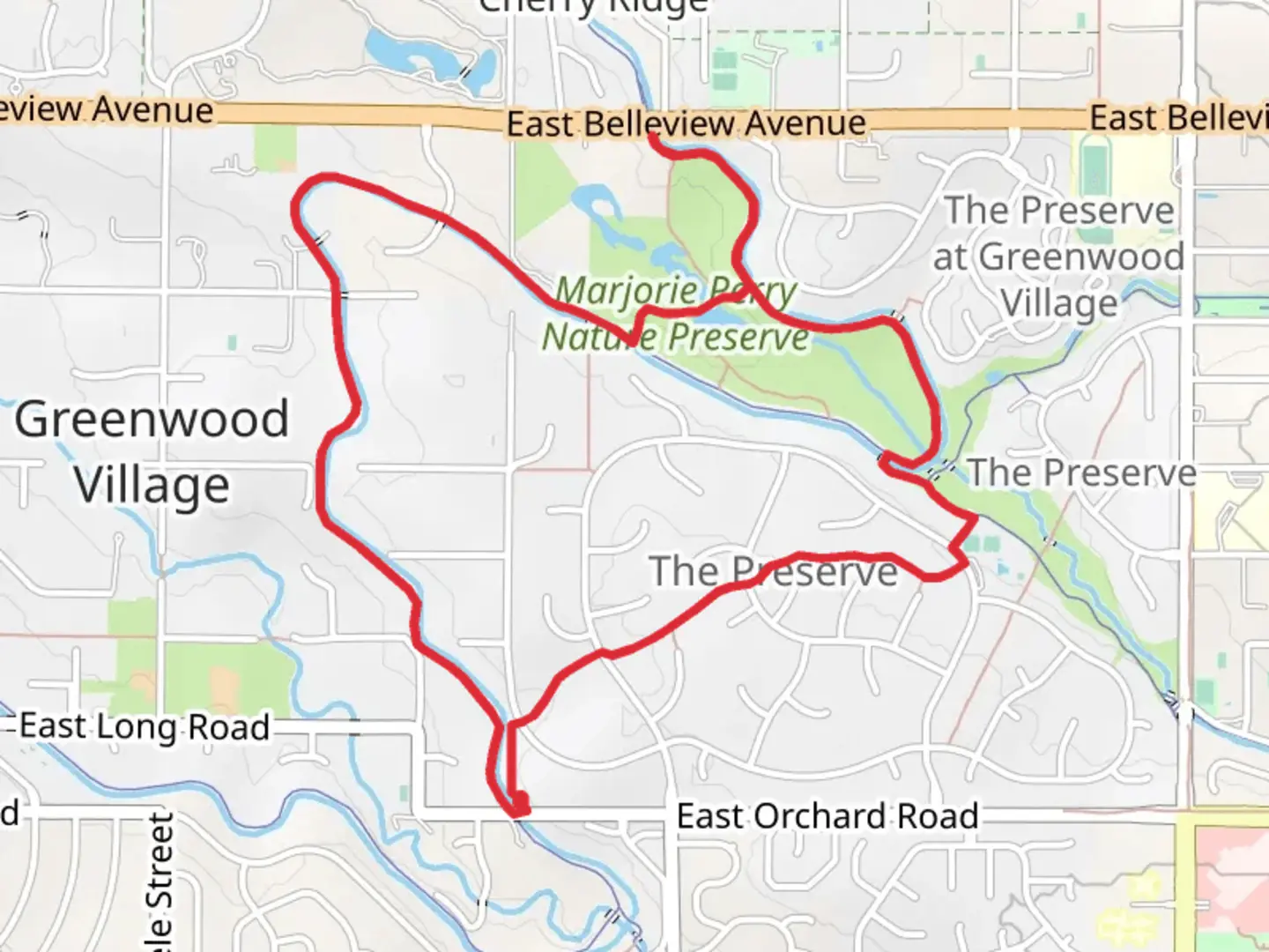 An image depicting the trail High Line Canal Trail and Majrjorie Perry Nature Preserve Loop and its surrounding area.