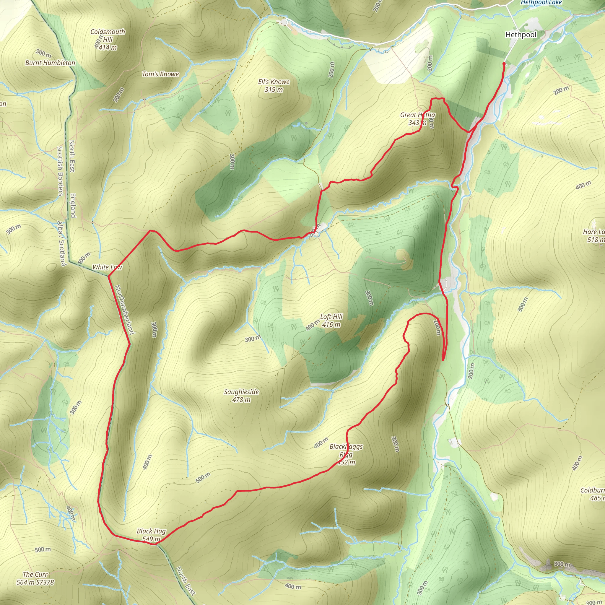 Blackhaggs Rigg and Great Hetha from Hethpool mobile static map