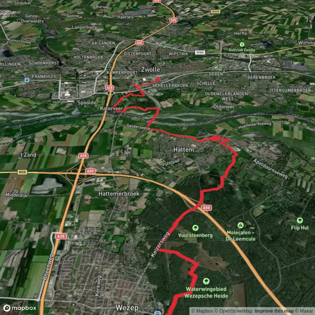 An image depicting the trail Wezep to Zwolle via Wezepsche and Engelse Werk and its surrounding area.