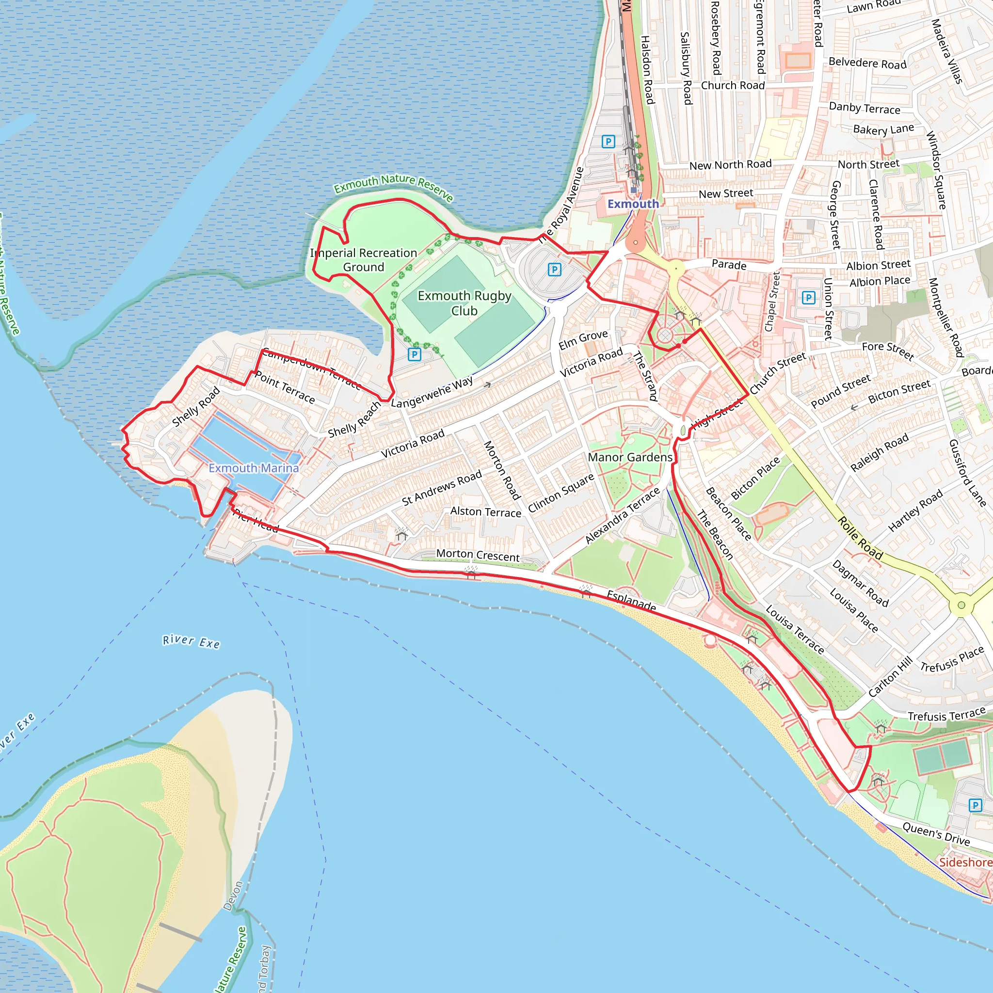 Imperial Recreation Ground and Exmouth Beach via Exmouth Town Trail mobile static map