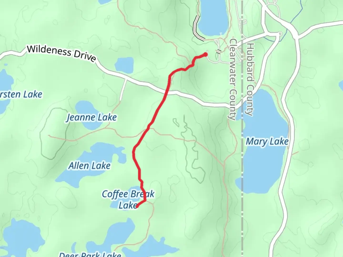 An image depicting the trail Coffee Break Lake and its surrounding area.