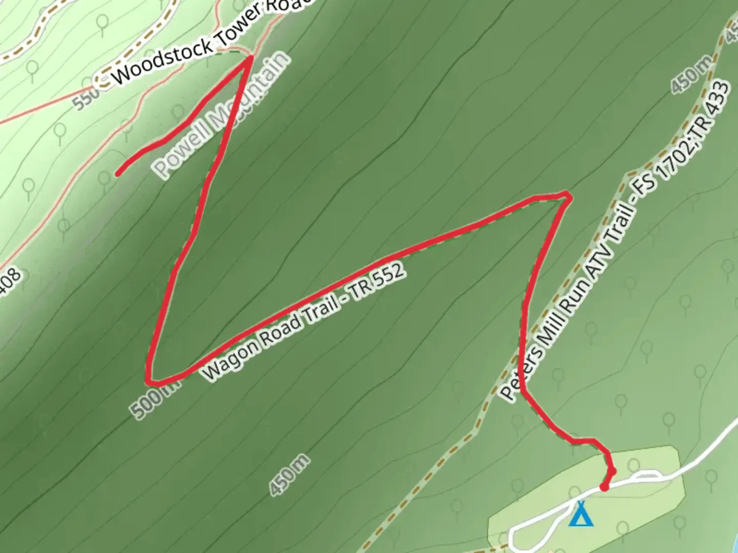 An image depicting the trail Woodstock Tower Trail via Wagon Road Trail and its surrounding area.
